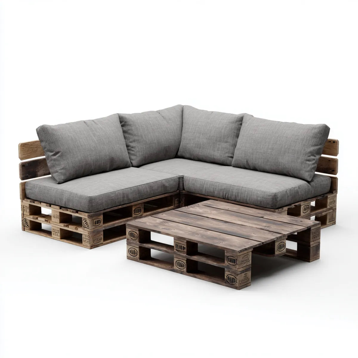 Salon de jardin en angle gris et brun en pin massif avec coussins en polyester 240 x 160 cm