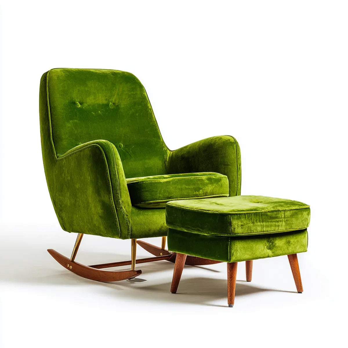 Fauteuil à bascule avec repose-pieds vert en velours polyester et hêtre massif 70 x 90 x 98 cm
