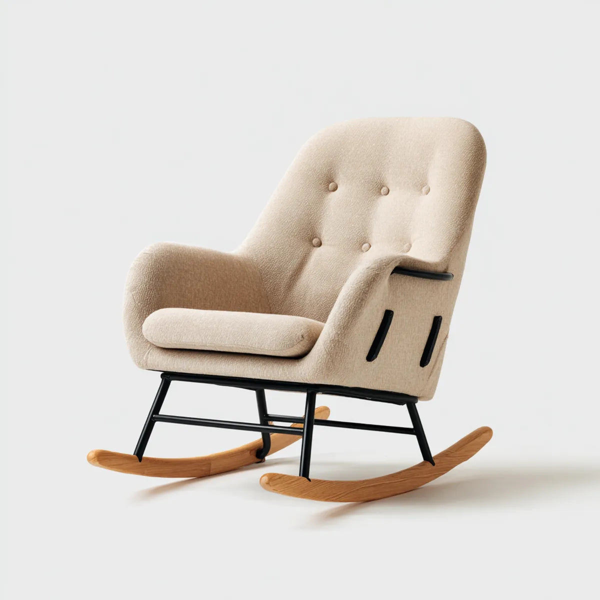 Fauteuil à bascule beige à dossier haut 68 x 90 x 100 cm en polyester et acier avec patins en bois massif
