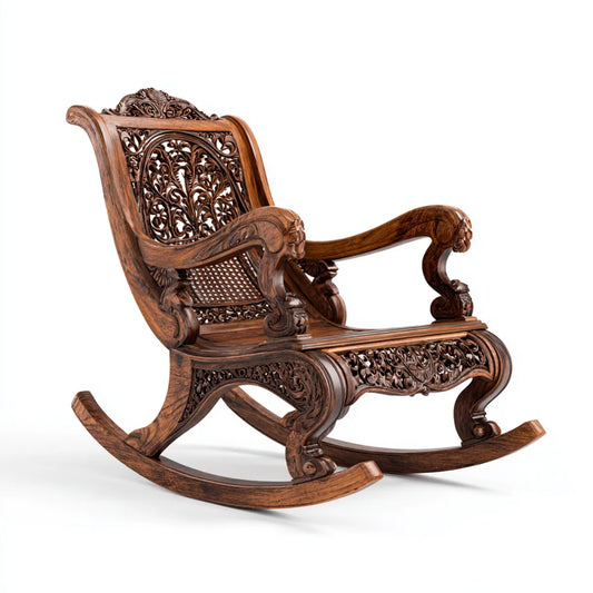 Fauteuil à bascule sculpté brun foncé en bois massif à dossier haut ajouré 70 x 110 x 110 cm