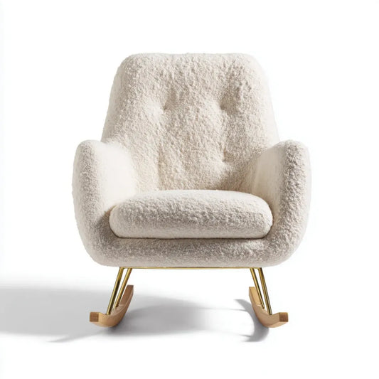 Fauteuil à bascule crème en polyester bouclette avec piètement en acier doré et patins en bois massif 70 x 92 x 98 cm