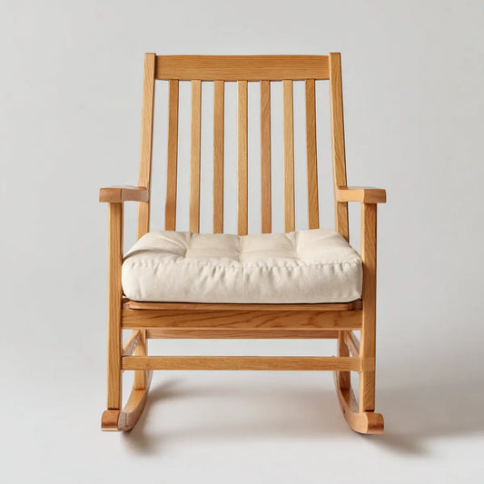 Fauteuil à bascule en bois massif naturel avec coussin écru rectangulaire 68 x 92 x 110 cm