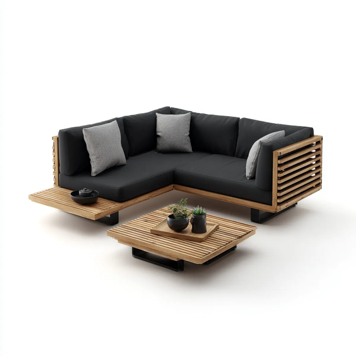 Salon de jardin d'angle 3 places noir et naturel en teck massif avec table basse 240 x 180 cm