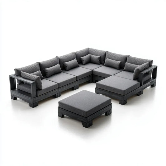Salon de jardin modulable 7 pièces noir et gris anthracite en bois massif avec coussins 300 x 240 cm