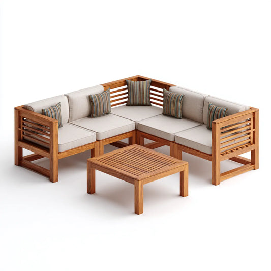 Salon de jardin d'angle 5 places bois d'acacia massif naturel beige avec table basse 220 x 220 x 75 cm