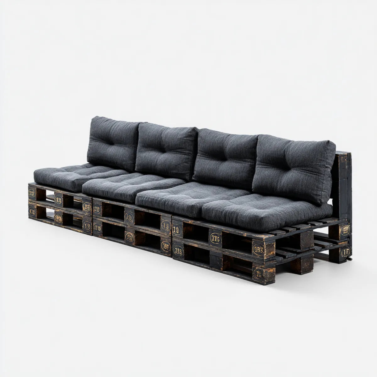 Canapé de jardin 4 places en palettes noir avec coussins gris anthracite 240 x 80 x 78 cm