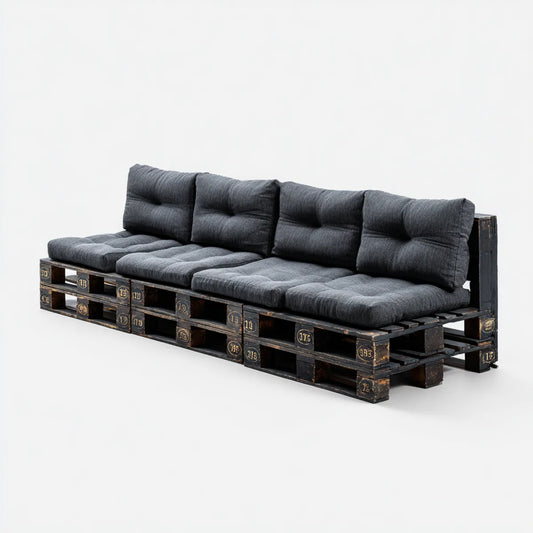 Canapé de jardin 4 places en palettes noir avec coussins gris anthracite 240 x 80 x 78 cm