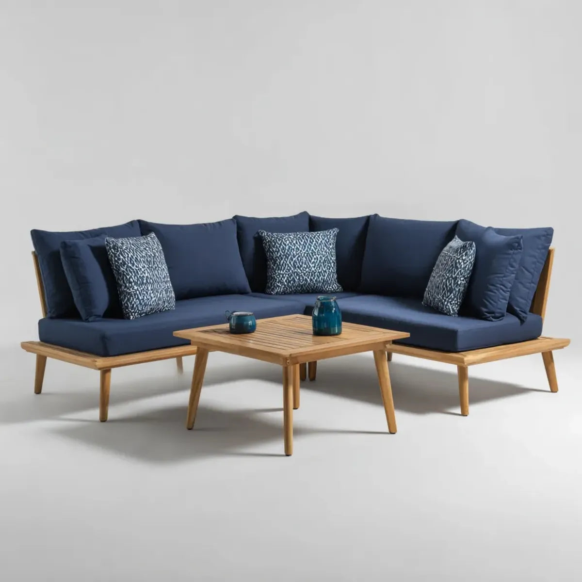 Salon de jardin d'angle 4 places bleu marine en acacia massif avec table rectangulaire 260 x 200 cm