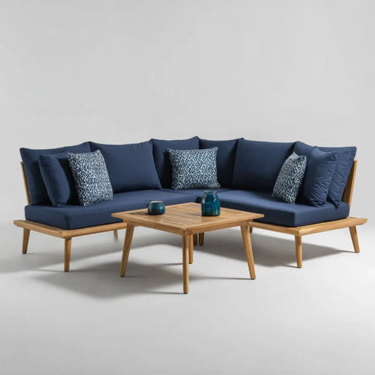 Salon de jardin d'angle 4 places bleu marine en acacia massif avec table rectangulaire 260 x 200 cm