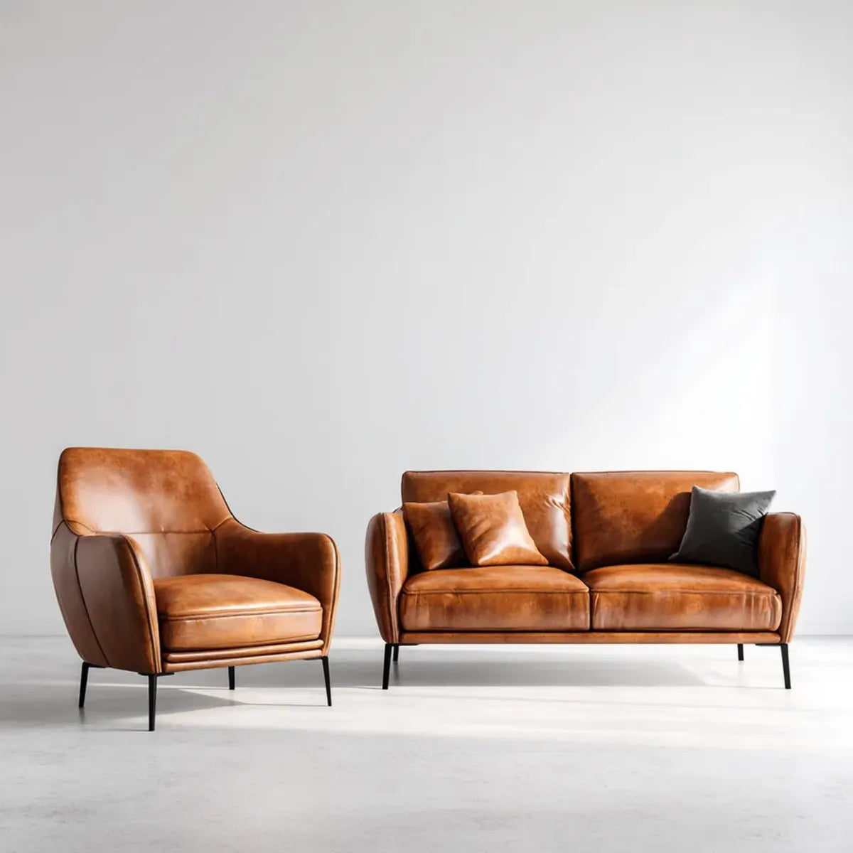 Ensemble canapé 2 places et fauteuil camel en cuir synthétique PU avec pieds en acier 200 x 85 x 86 cm