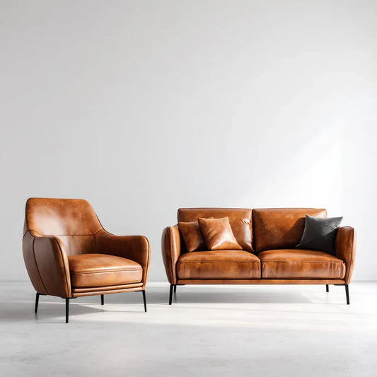 Ensemble canapé 2 places et fauteuil camel en cuir synthétique PU avec pieds en acier 200 x 85 x 86 cm
