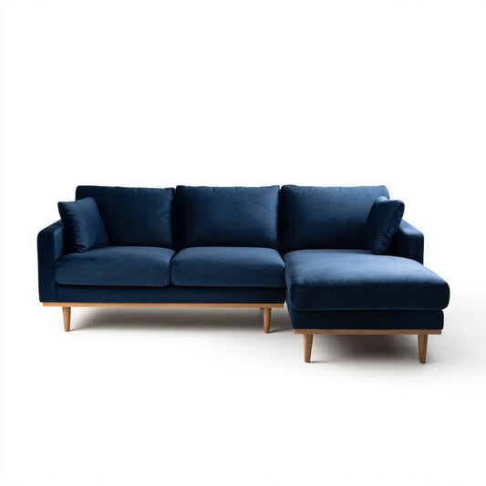 Canapé d'angle 3 places avec méridienne droite bleu nuit 250 x 160 x 85 cm en velours polyester forme en L
