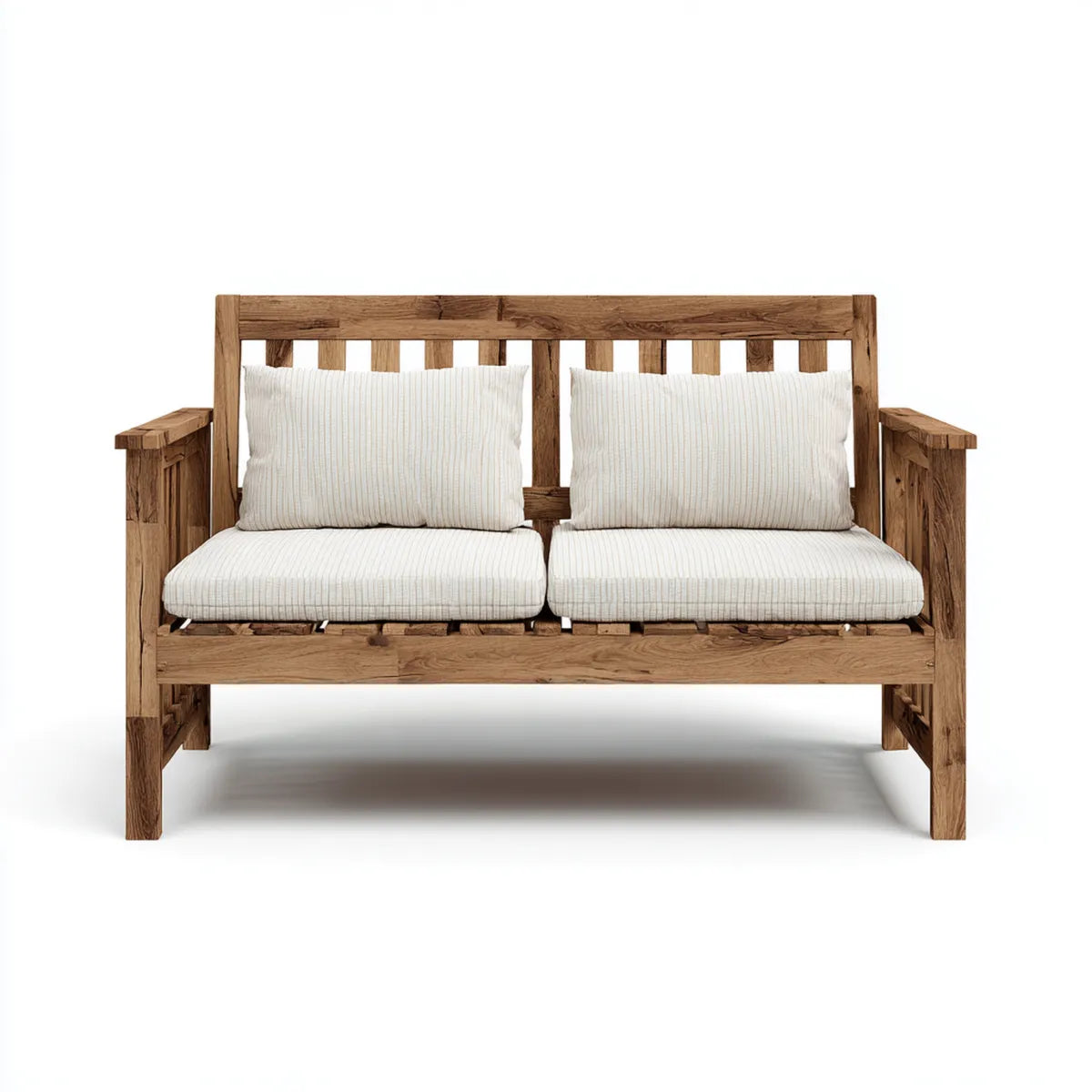 Canapé de jardin 2 places en teck massif naturel avec coussins écrus 130 x 75 x 85 cm