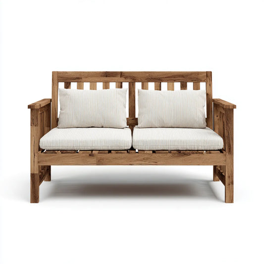 Canapé de jardin 2 places en teck massif naturel avec coussins écrus 130 x 75 x 85 cm