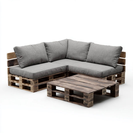 Salon de jardin en angle gris et brun en pin massif avec coussins en polyester 240 x 160 cm